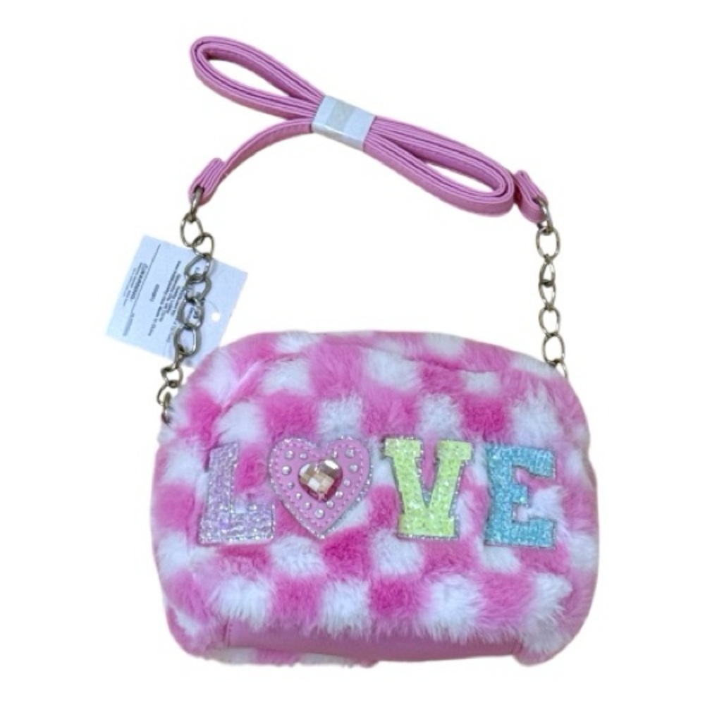 Girls Tween Pink Fuzzy Crossbody Purse LOVE Glitter Mini Bag NWT
